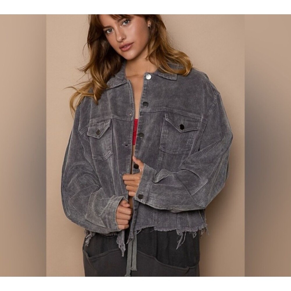 Pol Distressed Cropped Corduroy Jacket S Gray Oversized Trucker Grunge Goth